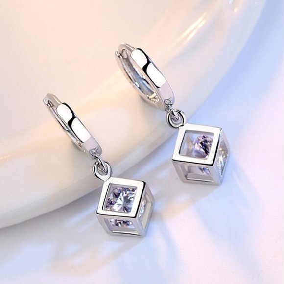 NEW Sterling Silver Diamond Cube Hoop Earrings - Picture 3 of 8